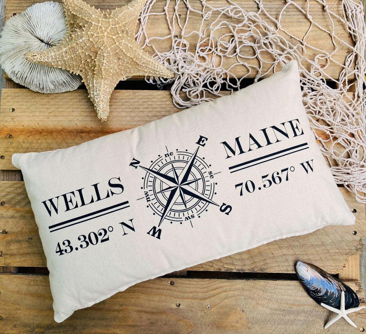 Wells Beach, Maine Compass Rose & gps Coordinates Lumbar Pillow, Maine Gift,