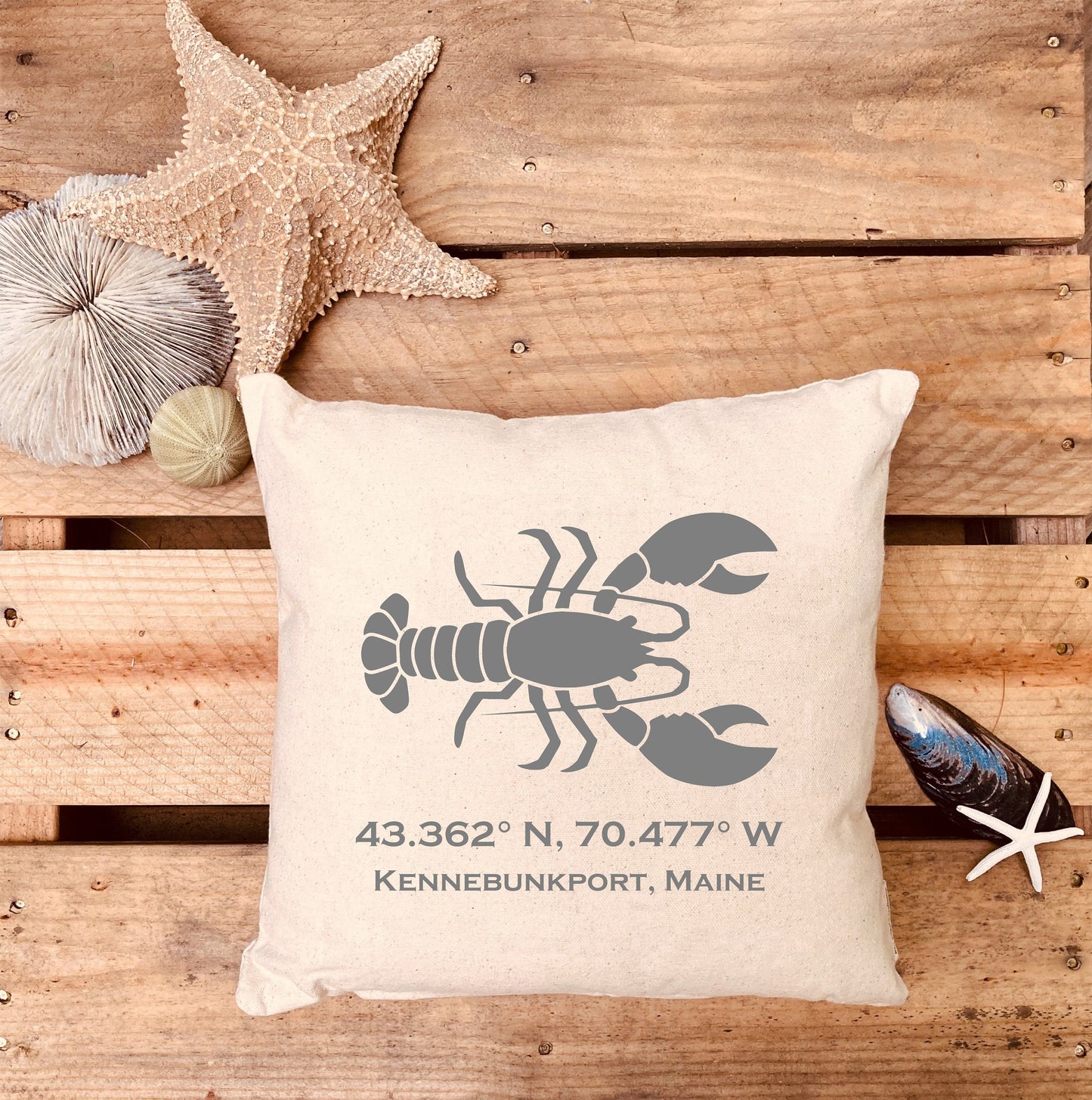 Personalized GPS Coordinates Lobster Pillow, Nautical Decor, Coastal Home, Beach House Throw Pillow, custom gift, lobster decor,