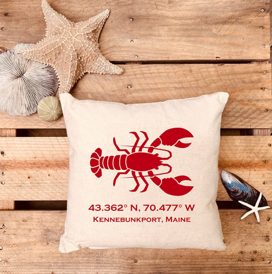 Personalized GPS Coordinates Lobster Pillow, Nautical Decor, Coastal Home, Beach House Throw Pillow, custom gift, lobster decor,