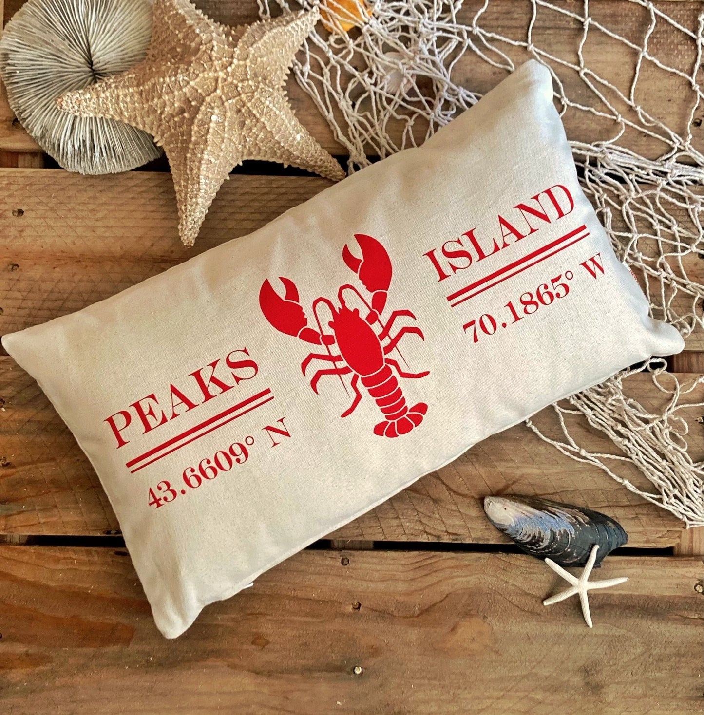 Peaks Island, Maine Lobster and GPS Coordinates Lumbar Pillow, Maine Gift, Nautical pillows,