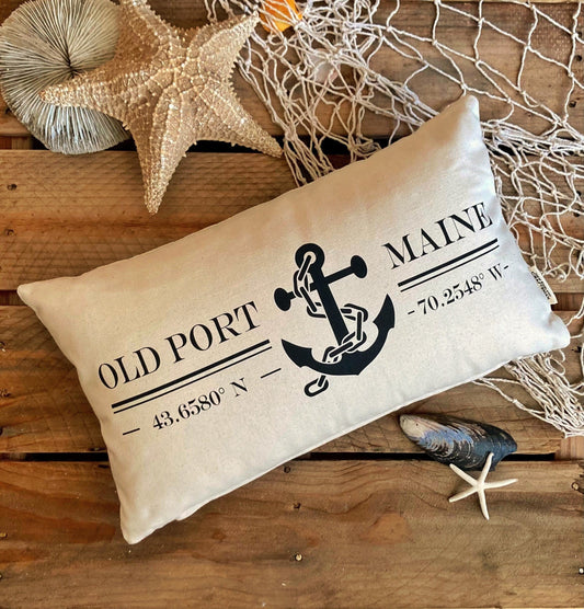 Old Port, Maine Anchor & GPS Coordinates Pillow,  Maine Gift, Nautical pillows, Portland, Maine